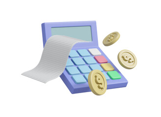 Canvas Print - 3D illustration showing an icon of a calculator. Bill and dollar coin which symbolizes financial calculations and management including payments isolated on a transparent background.