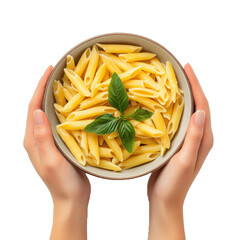 top view of two hands holding a bowl with penne pasta isolated png