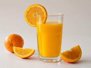 Wall Mural - Freshly Squeezed Orange Juice Served in a Clear Glass With Sliced Oranges Nearby