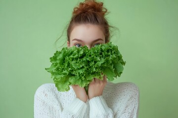 Wall Mural - Young woman wear white clothes hold cover mouth with bunch of fresh greens lettuce leaves look aside isolated on plain pastel light green background. with generative ai