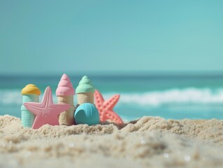 Canvas Print - Sandcastle on a Beach with Starfish and Ball.