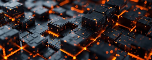 Abstract black cubes with orange lights on a dark background