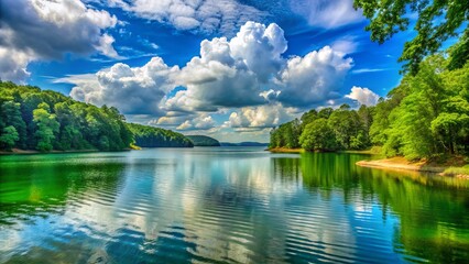 Serene summer landscape at Lake Allatoona features silky green water surrounded by lush greenery, set against a brilliant blue sky with puffy white clouds.