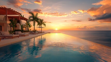 Wall Mural - Tranquil Tropical Sunset Overlooking Infinity Pool and Ocean