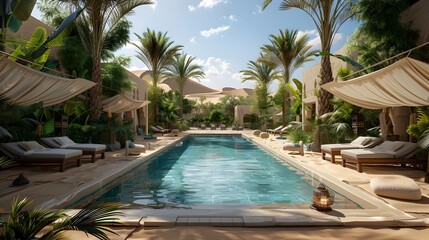 Poster - Dreamy Desert Oasis with Shimmering Pool and Lush Greenery