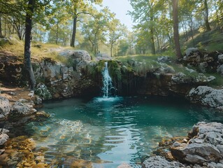 Wall Mural - Serene Hidden Forest Pool with Cascading Waterfall and Natural Rock Formations