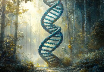 Wall Mural - colorful dna strands in an enchanted forest. double helix. biotechnology or bioengineering concept. 