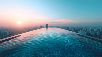 Poster - Breathtaking Infinity Pool Atop Luxury Hotel with Panoramic City Skyline View at Sunset