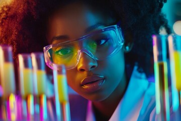 Wall Mural - The female scientist works in a modern laboratory surrounded by test tubes filled with bio- and chemical samples