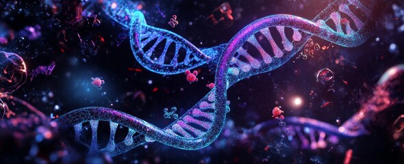 Wall Mural - modeling virtual chemical processes. decoding genomes under microscope. a 3d illustration of the dna