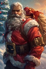 Wall Mural - Santa claus is carrying a sack of gifts, surrounded by snowflakes in a snowy landscape with a decorated christmas tree in the background