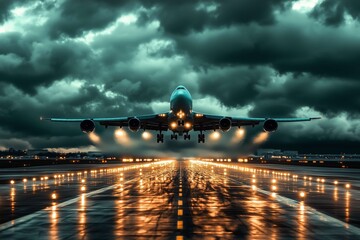 Passenger airplane takes off at night from a wet runway, against a dramatic sky with storm clouds, highlighting its power and speed with modern engineering