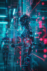 Wall Mural - robot is touching digital network connection. artificial intelligence development. android robot in 