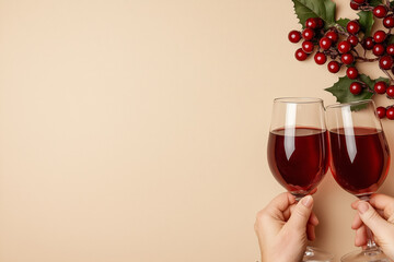 Poster - Two hands holding wine glasses in a festive toast next to Christmas holly decorations on a beige background