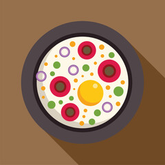 Poster - Round plate showing delicious fried egg with vegetables and spices for breakfast, flat design icon