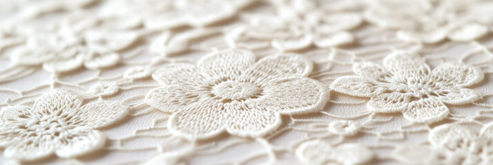 Wall Mural - Close-up of intricate white lace with floral patterns, ideal for wedding planning and bridal fashion background concepts