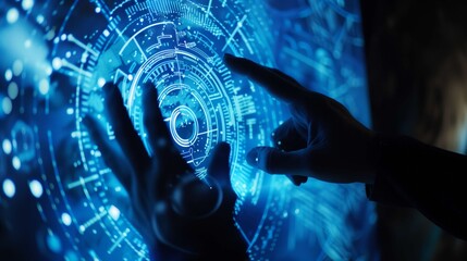 Hands manipulating a digital interface with a prominent gear icon, suggesting software development and data analysis in a technological environment