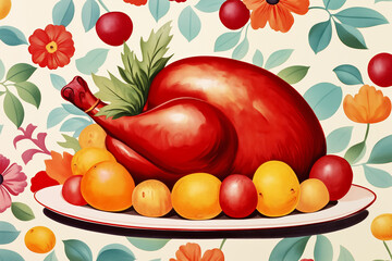 Poster - Festive Thanksgiving illustration featuring a roasted turkey surrounded by seasonal fruits and vibrant autumnal flowers