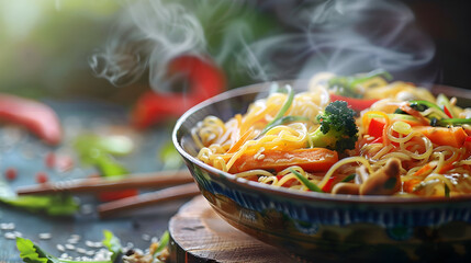 Wall Mural - Fresh noodles and vegetables stir fry healthy food. Generative ai