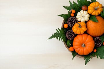 Canvas Print - Festive autumn centerpiece with pumpkins, pinecones, and greenery on a light wooden background, perfect for Thanksgiving decor