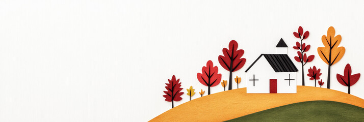 Wall Mural - Autumn landscape with colorful trees and cozy house on hill, perfect for Thanksgiving or seasonal greetings