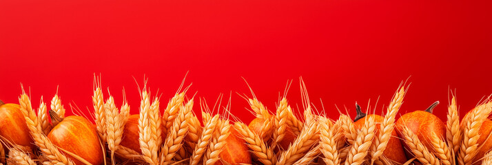 Poster - Wheat stalks and pumpkins against a vibrant red background symbolize the harvest season and Thanksgiving decorations