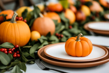 Sticker - Festive Thanksgiving table setting with pumpkins and autumnal decor, capturing the essence of fall celebration and harvest abundance