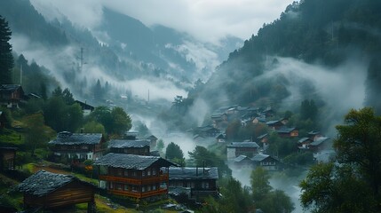 Canvas Print - Serene Mountain Village Shrouded in Mist and Rain Tranquil Mystical Landscape