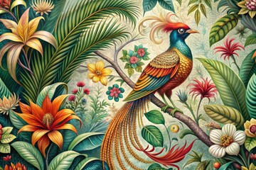 Wall Mural - Intricately illustrated vintage drawing of exotic bird of paradise flower blooms amidst lush tropical foliage, adorned with ornate patterns and whimsical flourishes.