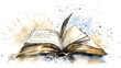 © imran - Hand-drawn illustration of an open book with a quill pen in action, featuring ink splashes and watercolor elements against a white background.illustration