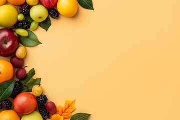 Wall Mural - Vibrant autumn harvest fruits arranged on an orange background, perfect for celebrating Thanksgiving or fall seasonal themes