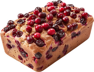 A loaf of cranberry bread with a generous amount of cranberries on top. The bread is golden brown and appears freshly baked.