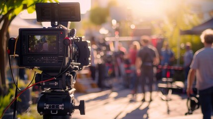 Professional digital cinema camera is recording a scene during a movie production, with blurred crew members in the background