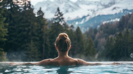 Back view of a female in spa pool with beautiful scenic view