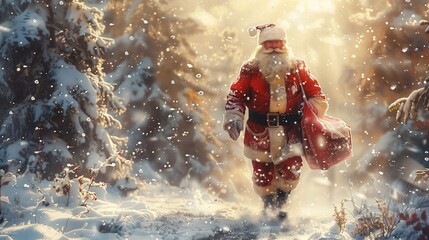 Wall Mural - Santa happily runs through a snowy forest on christmas eve, spreading cheer with a magical bag of gifts. The winter wonderland is festive, filled with the scent of pine and sounds of nature