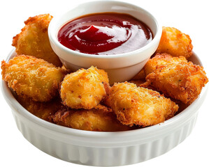 Close-up of crispy fried cheese bites served with a side of ketchup. A delicious and satisfying snack or appetizer.