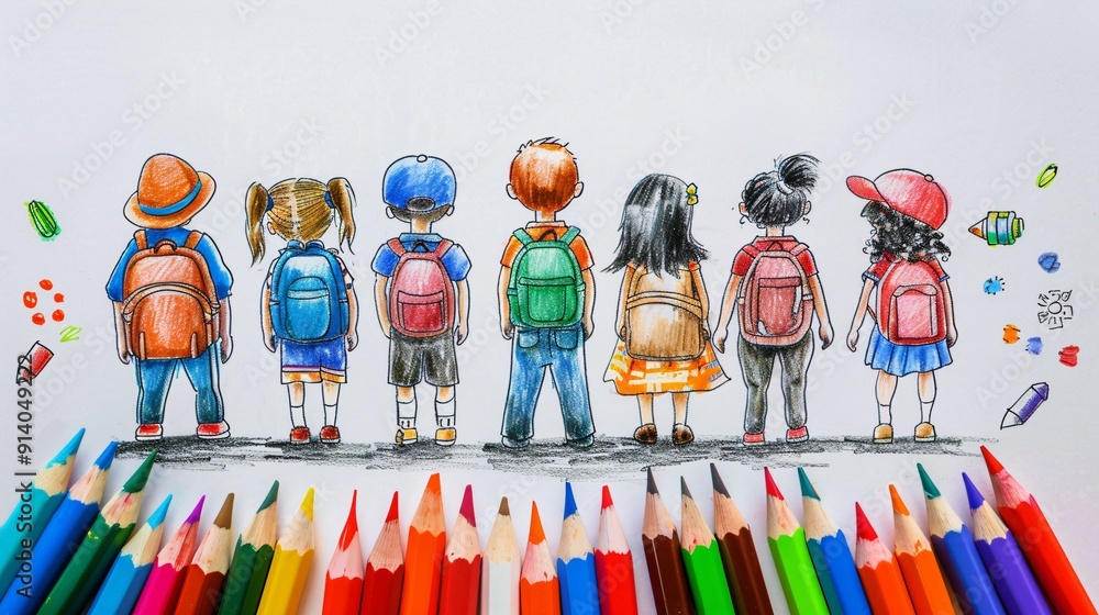 Rentrée scolaire, dessin d'enfant allant à l'école, avec des crayons de