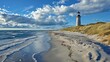 © Kanan - Beach coastline with the famous Skagen Grey Lighthouse, Skagen GrÃ¥ Fyr, Skagen, Grenen in North Jutland in Denmark, Skagerrak, North Sea, Baltic Sea. Upper tower platform, lantern of lighthouse
