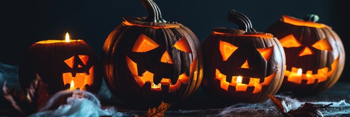 Poster - Halloween Jack o lanterns with Carved Faces and Glowing Candles in the Dark