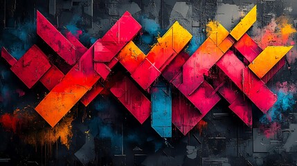 Colorful abstract geometric shapes on a dark background, combining bright red, yellow, and blue elements ideal for modern design projects, technology banners, or dynamic wallpapers,