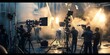 © MIKHAIL - Busy film crew works on movie set, operating cameras under bright lights and smoke. Team collaborates creatively, adjusting equipment for perfect quality. Glimpse behind the scenes of cinema magic