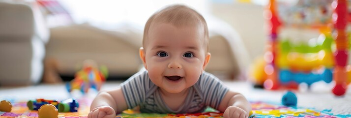 Wall Mural - Happy baby boy on play mat.