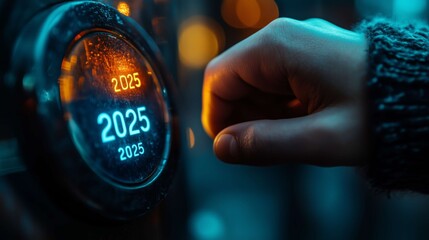 pressing a futuristic 2025 button symbolizing a new beginning and hope for change. glow hints at pro