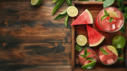 Glass of juice and fresh sweet ripe watermelon on table