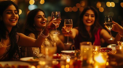 Four elegant indian women raising glasses of white wine, laughing, enjoying a festive dinner party at a restaurant, celebrating, bonding, and sharing smiles in a joyful atmosphere