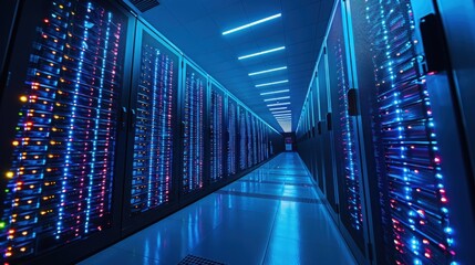 Wall Mural - Digital data storage. A room with servers for storing and processing data. A snapshot of a data center with several rows of fully operational server racks