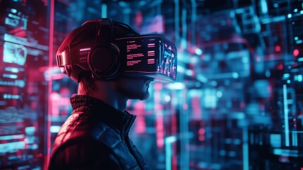 Software developer wearing vr headset working with