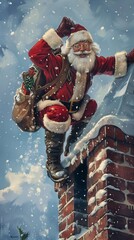 Wall Mural - Santa claus climbing snowy roof with bag of gifts