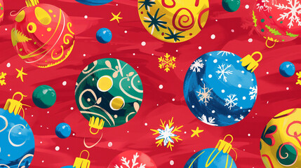 Gift wrap with Christmas red and yellow balls and snowflakes, isolated on a red background.