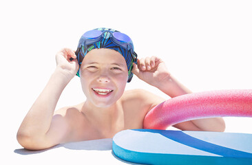 Active child (boy) in cap, sport goggles ready to learns professional swimming with pool board and swim noodles. Isolated on white.